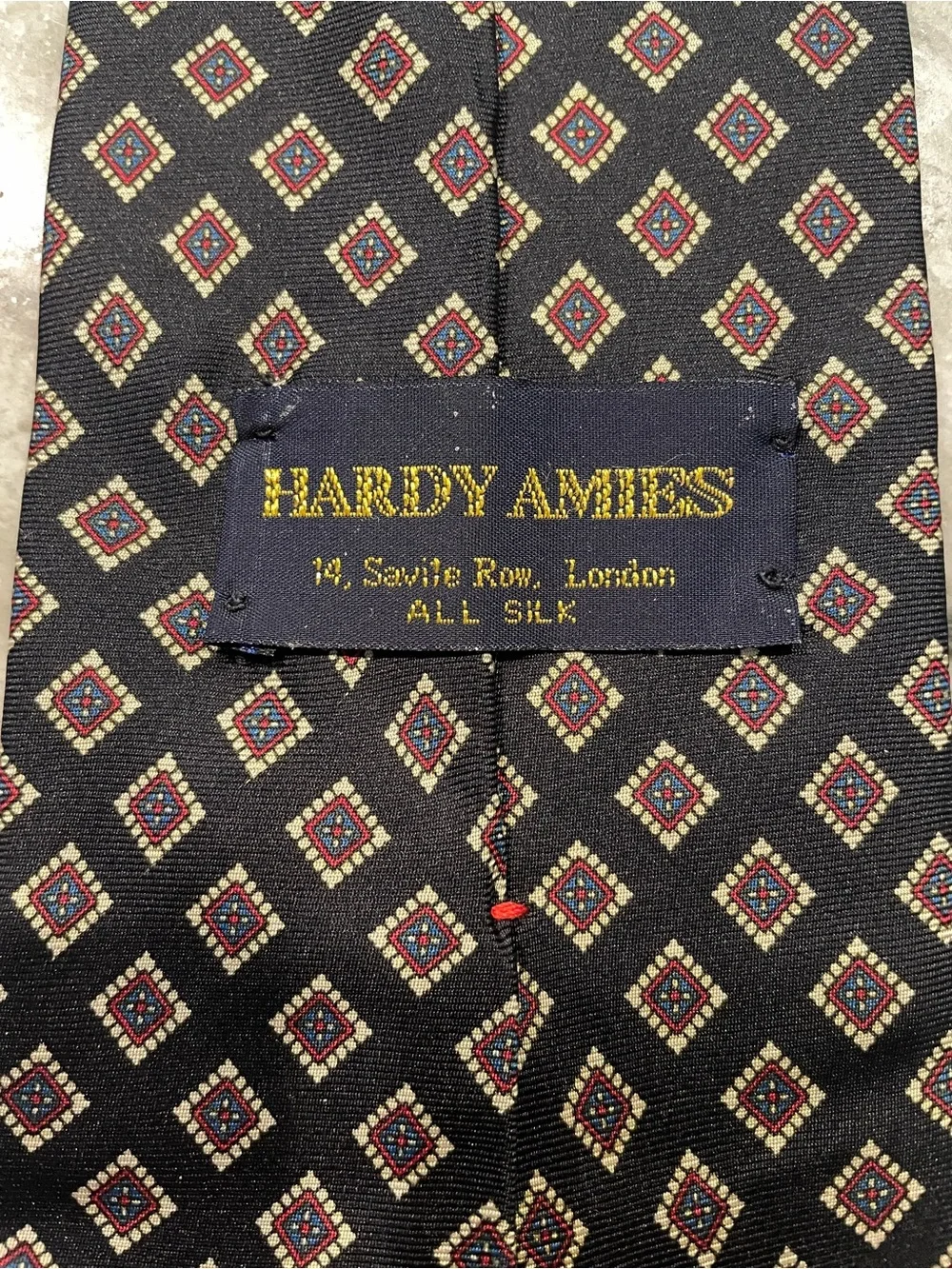 Vintage Hardy Amies Savile Row London Silk Necktie – Navy Geometric Medallion